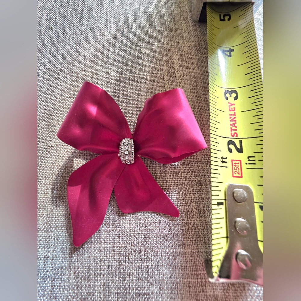 Red Christmas Bow Brooch with Rhinestone Accent - Picture 2 of 3